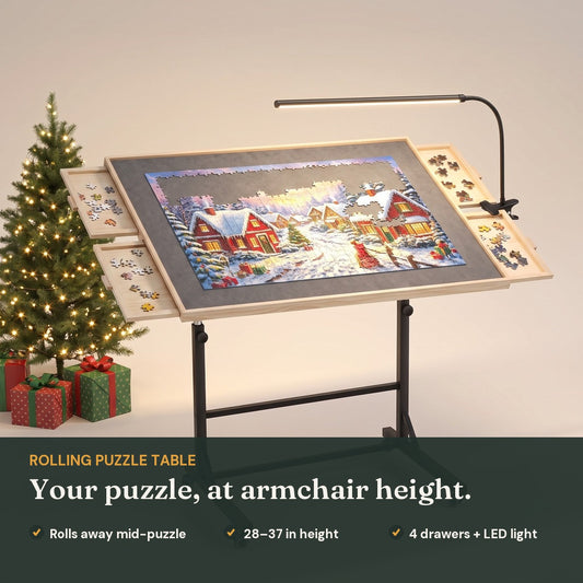 Rolling puzzle table at armchair height with drawers and LED light