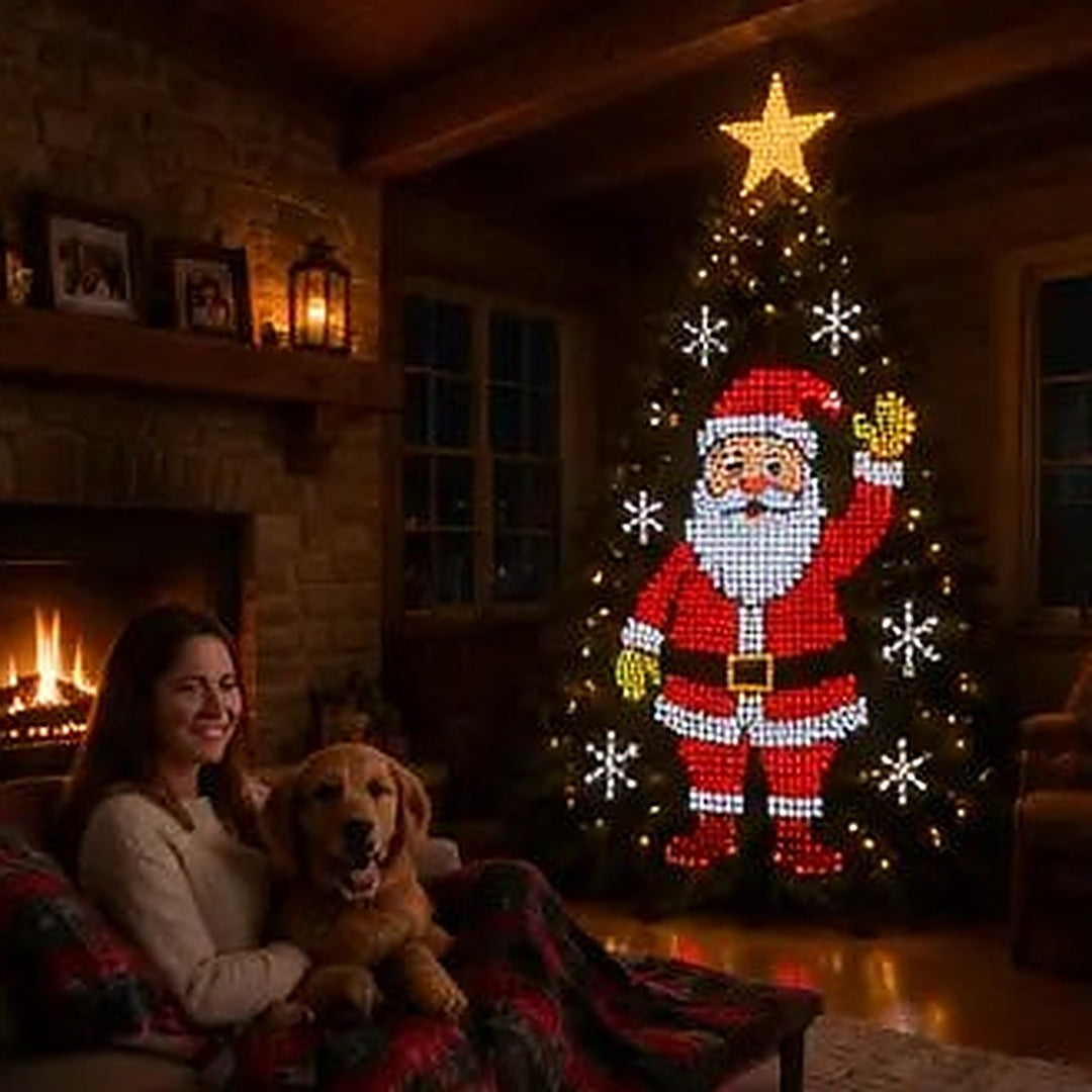 Smart animated Christmas tree lights showing a festive design across the tree