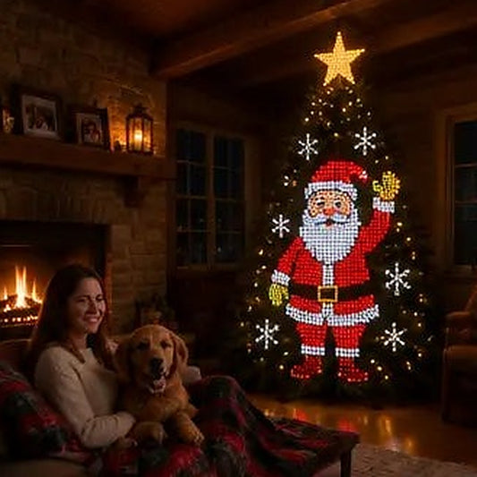 Smart animated Christmas tree lights showing a festive design across the tree