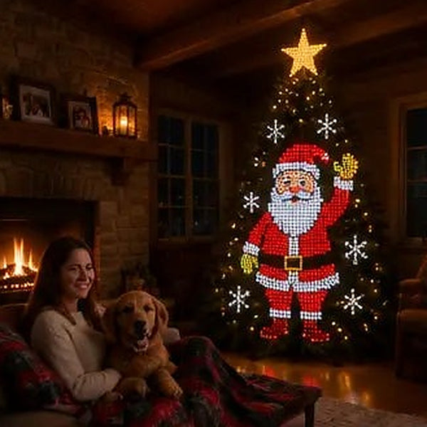 Smart animated Christmas tree lights showing a festive design across the tree