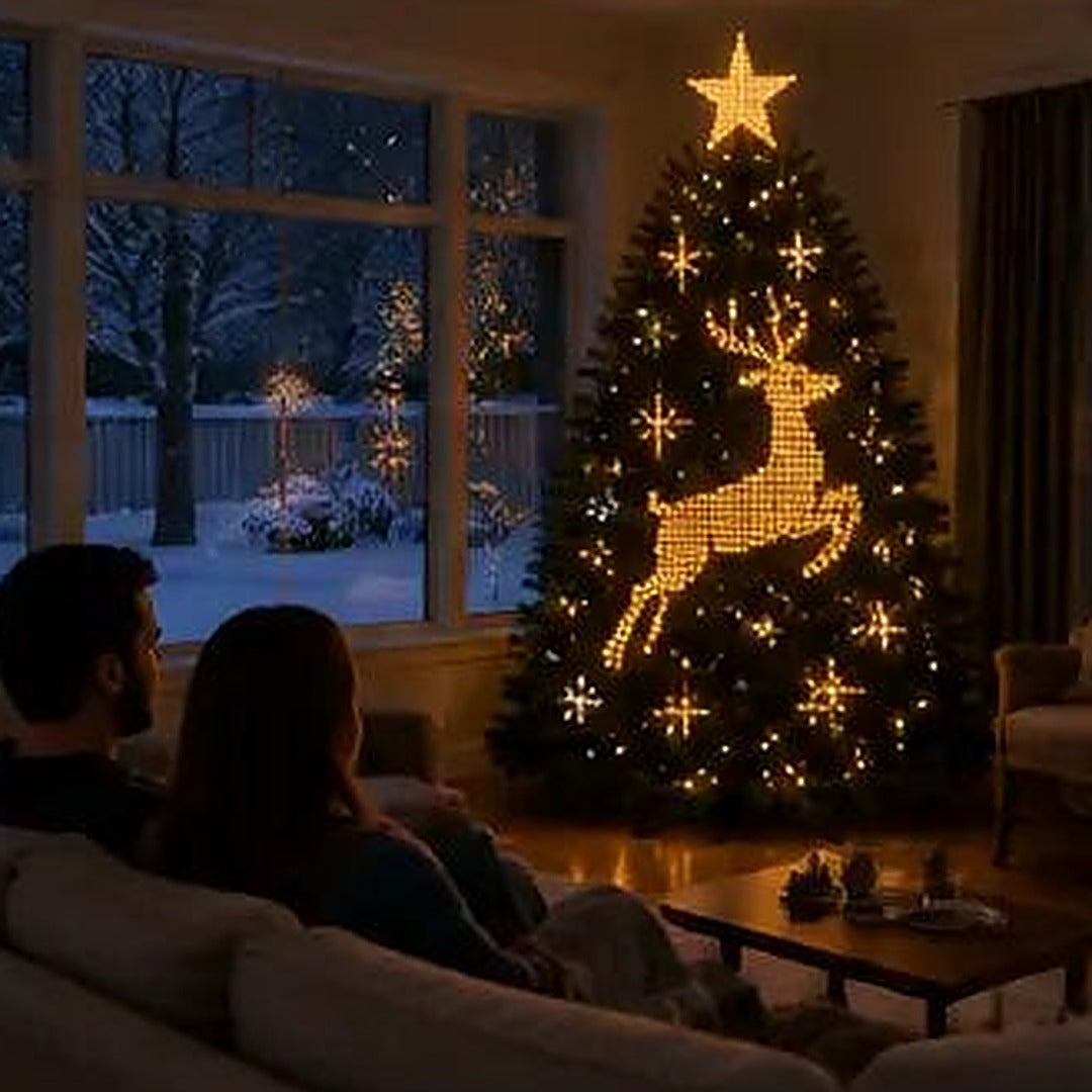 Smart animated Christmas tree lights showing a festive design across the tree