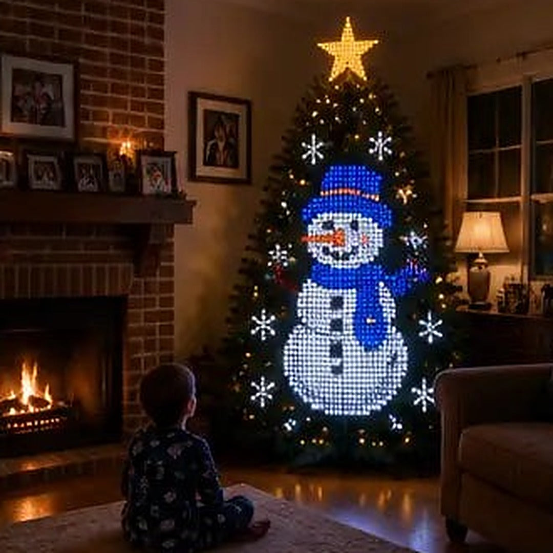 Smart animated Christmas tree lights showing a festive design across the tree
