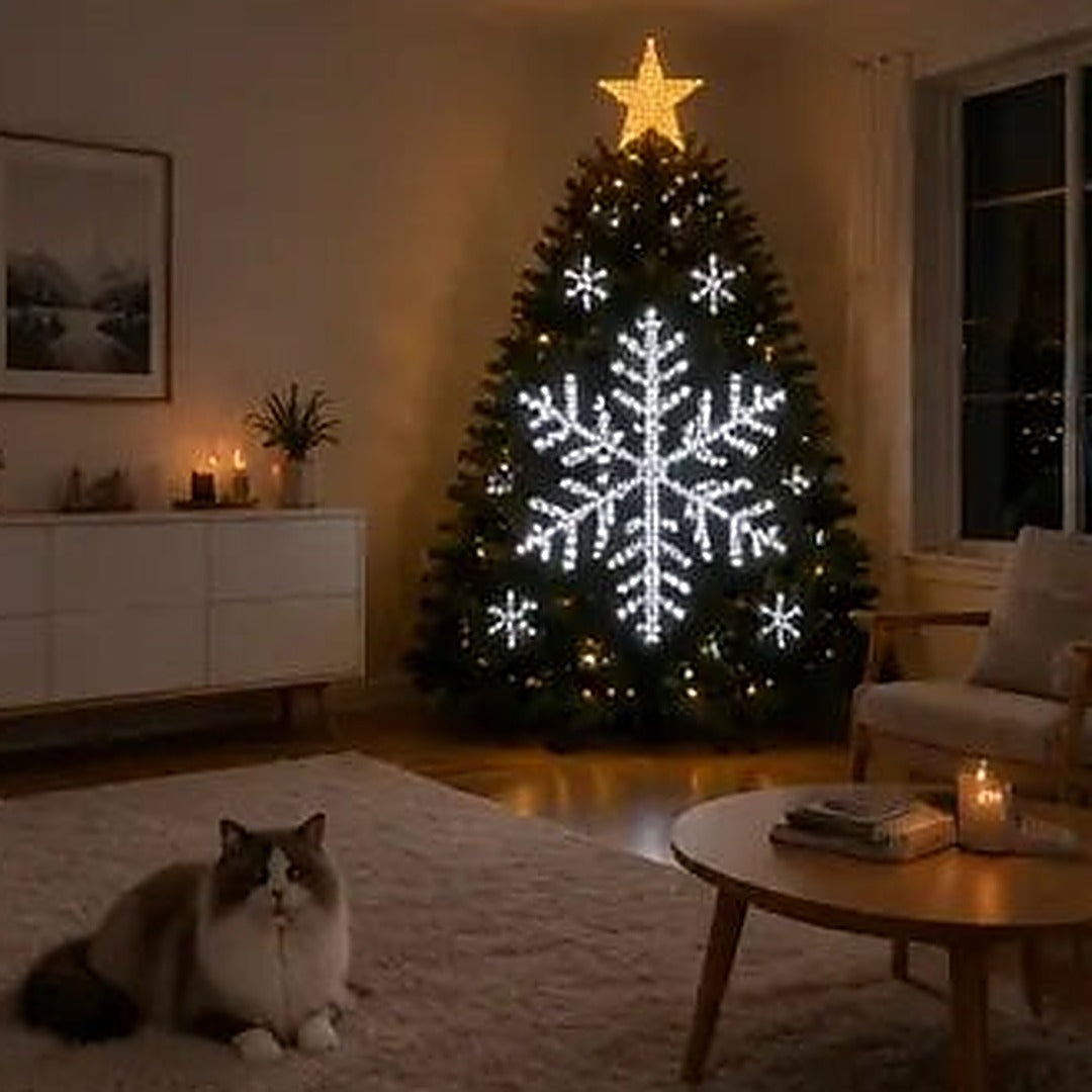 Smart animated Christmas tree lights showing a festive design across the tree