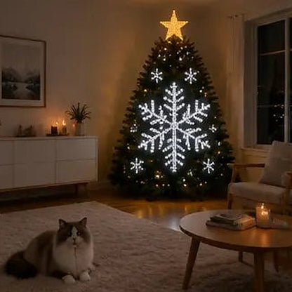 Smart animated Christmas tree lights showing a festive design across the tree