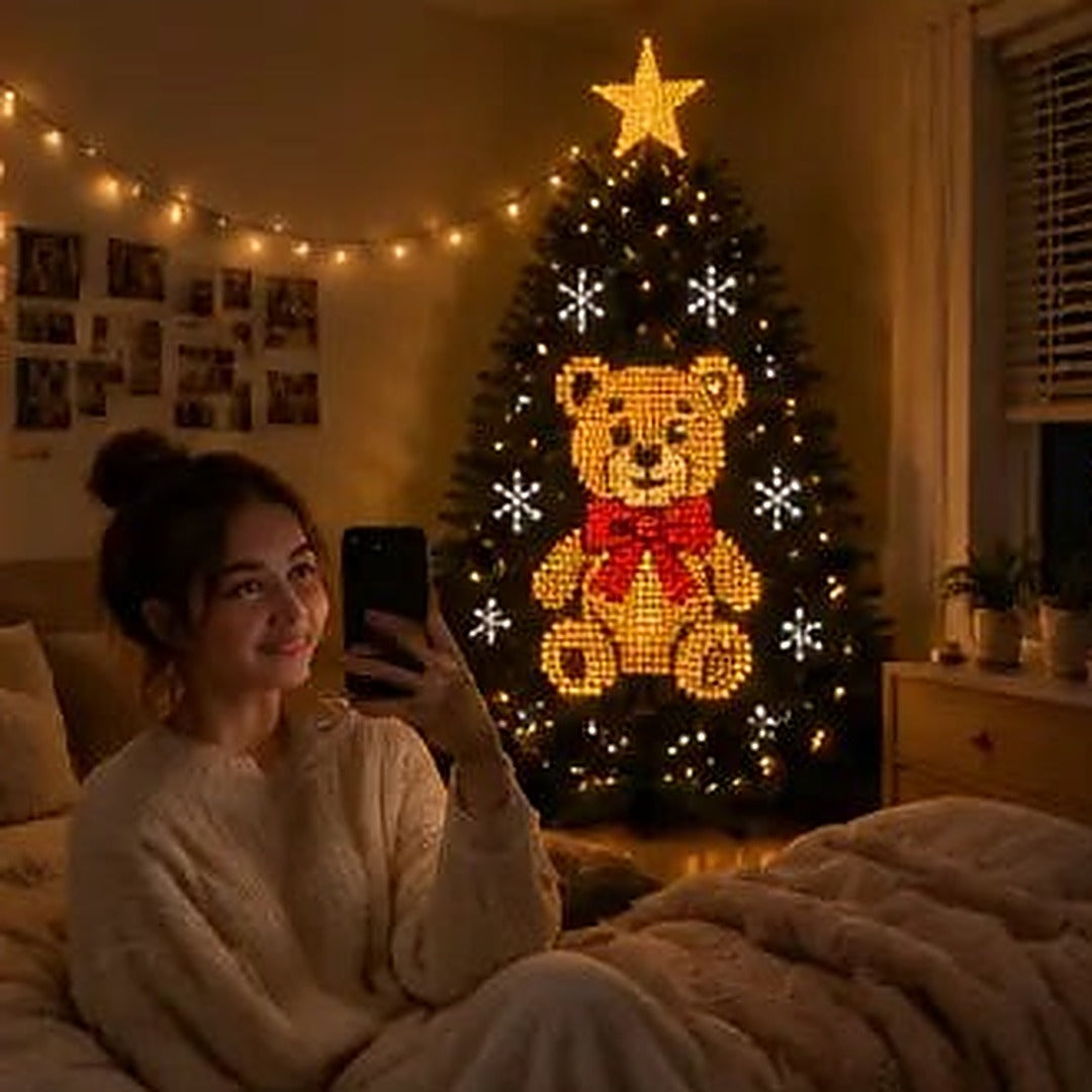 Smart animated Christmas tree lights showing a festive design across the tree