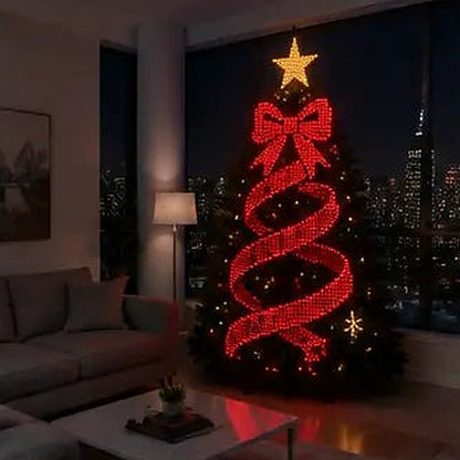 Smart animated Christmas tree lights showing a festive design across the tree