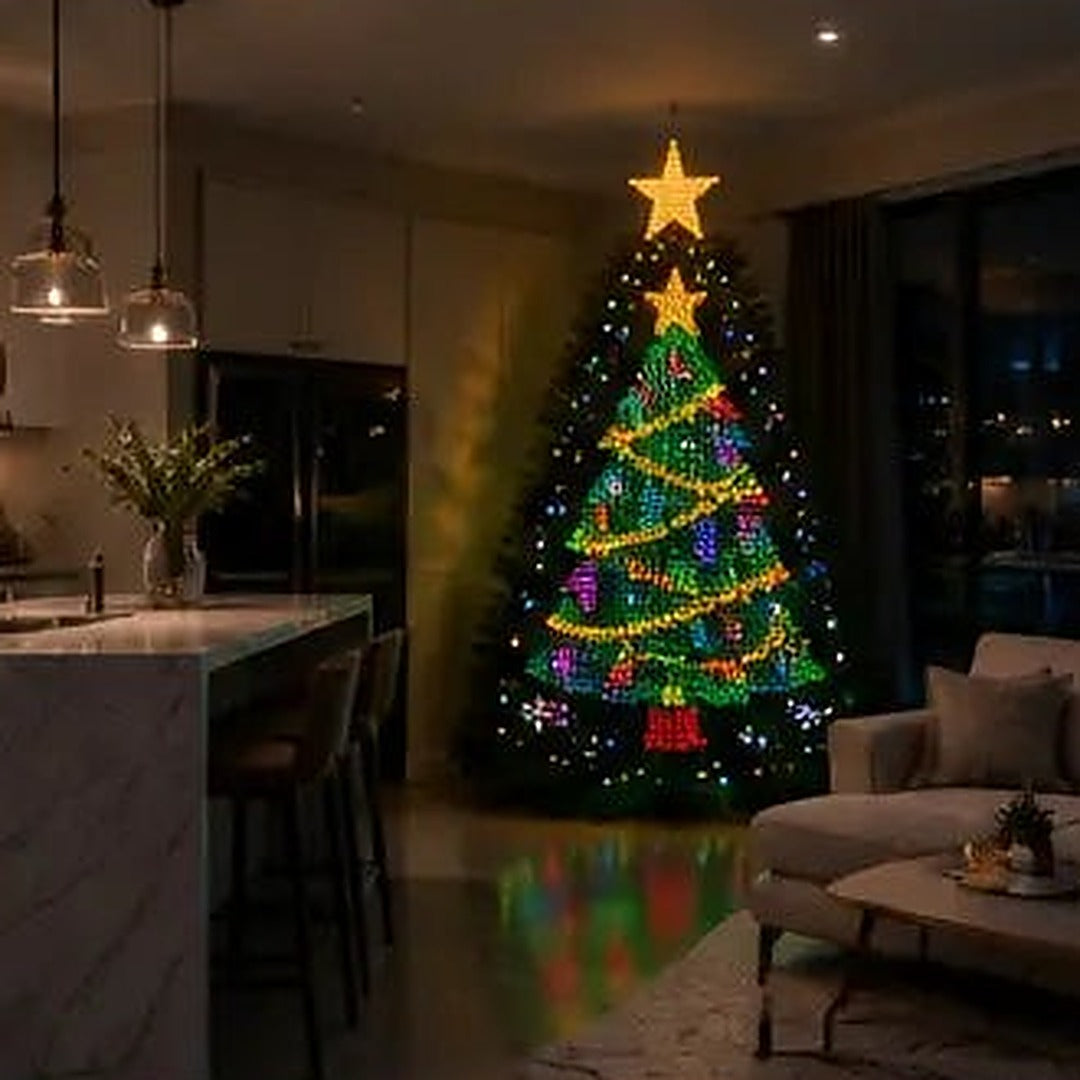 Smart animated Christmas tree lights showing a festive design across the tree